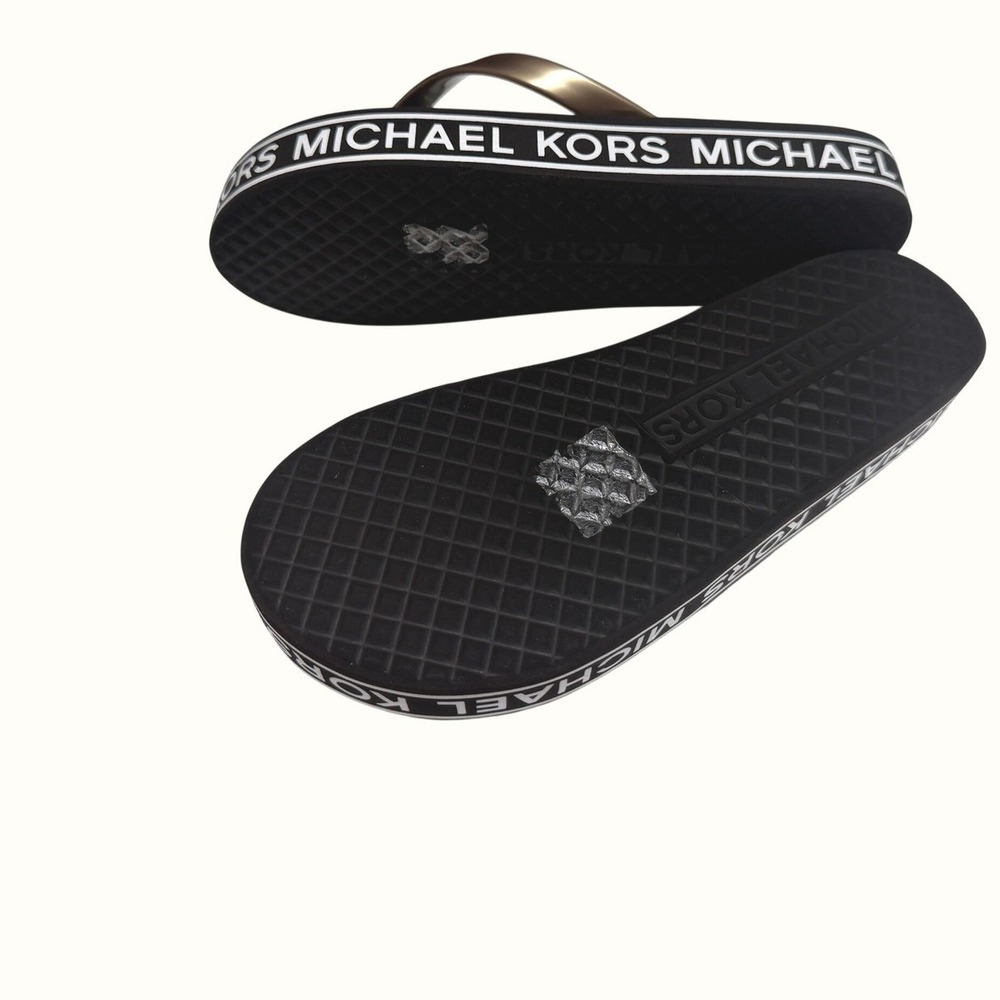 Michael Kors Women Black Gold Logo Platform Flip Flop Sandals MK Medallion 6/6.5 - Picture 4 of 7